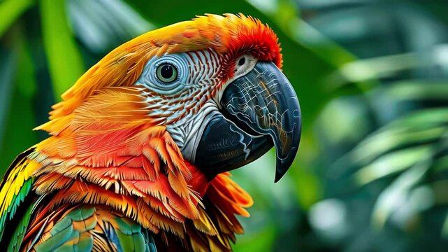 Colorful parrot perched in lush greenery captures vibrant beauty of nature with intricate feather details