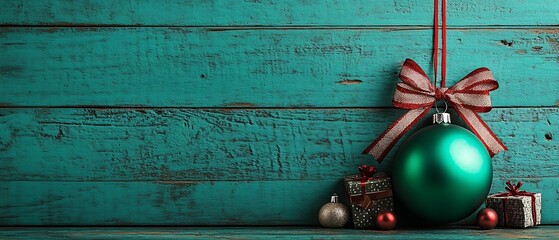 A green ornament with a ball bow and miniature gifts is positioned on a wall background, crafting a festive Christmas display with available space for text.