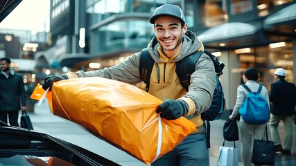 Smiling courier arranging a bright orange food bag in the trunk of their vehicle, surrounded by the lively activity of an urban plaza.