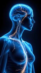 Vagus Nerve Stimulation (VNS) medical illustration with highlighted nervous system, including brain, neck, thorax and abdomen.