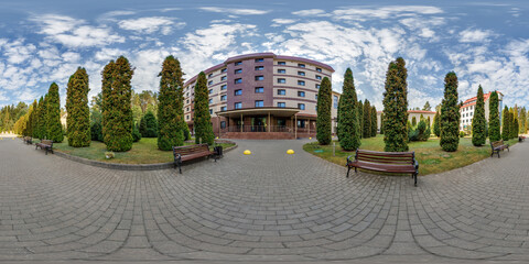 360 hdri seamless spherical panorama on street on porch near student dormitory multistory building...
