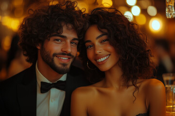 Couple enjoying an elegant evening at a classy event with warm lighting and festive ambiance
