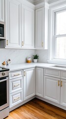 Fototapeta premium Bright and spacious kitchen features white cabinetry, stainless steel appliances, and a cozy corner with plant decor, creating an inviting cooking space during daylight