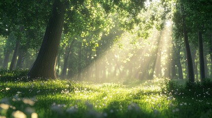 Fototapeta premium A serene forest scene with sunlight breaking through the trees, creating a magical atmosphere, peaceful and quiet 