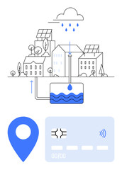 Rainwater harvesting system connecting buildings with solar panels, raindrop tank, map marker, and smart card. Ideal for sustainability, urban planning, water conservation, eco-living, green