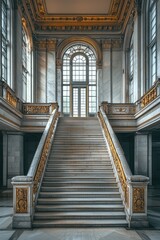 Obraz premium Art deco city hall staircase with marble and iron handrail brass decoration white walls large windows and marble floor