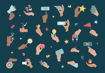 Hands gestures with holding management objects. Arm holding various stuff, coins, cards, money, phones, pencil, light bulb. Business processes in metaphor concept. Set of vector illustration.