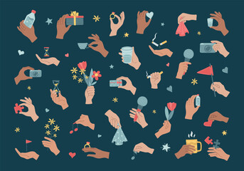 Hands in various gesture holding stuff. Set of stickers is a good  happy day for yourself, positive emotions, weekend. Bouquet, camera, ring, microphone, mug. Joyful lifestyle. Vector illustration