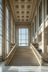 Art deco city hall staircase with marble and iron handrail brass decoration white walls large windows and marble floor