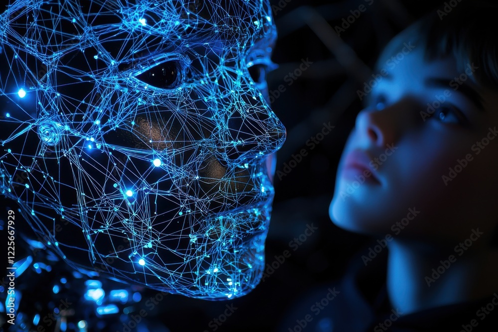 Wall mural close-up depiction of an illuminated ai robot against a futuristic network background