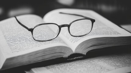 Open book with glasses resting on pages.