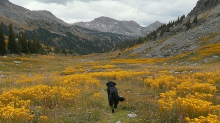 Fototapeta premium Black Dog Hiking Through Autumn Mountain Meadow