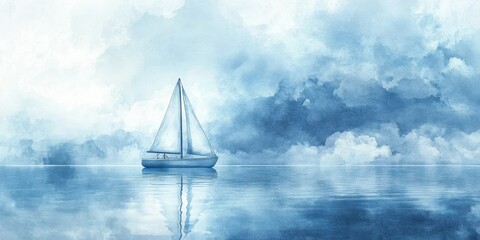 Solitary Sailboat Under a Blue Cloudy Sky