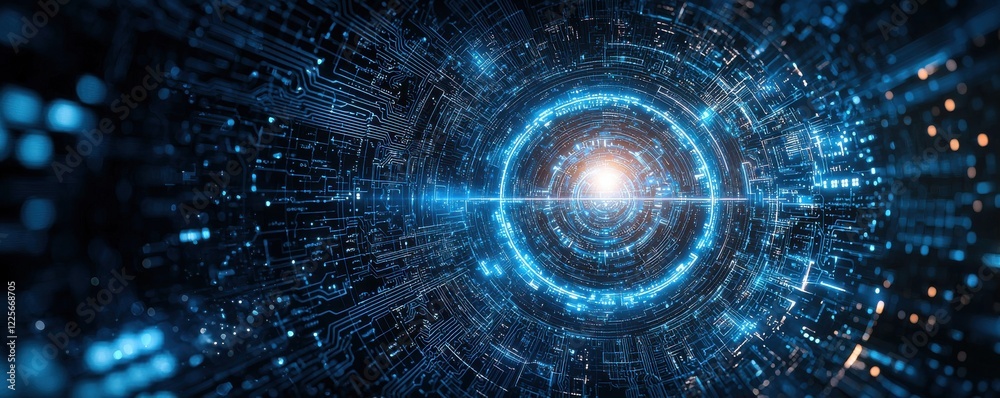 Poster abstract representation of digital technology with glowing circuits and data visualization