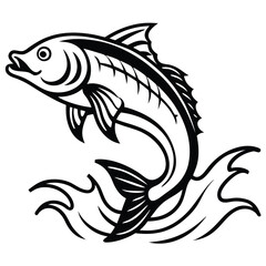 Black and white illustration of a fish leaping out of the water....