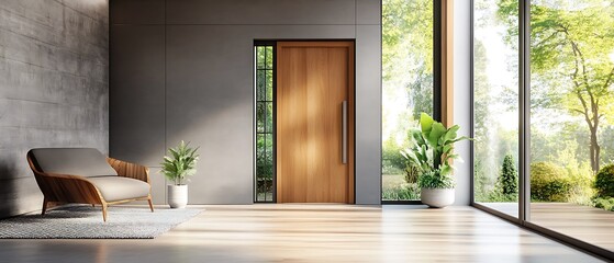A modern front door made of glass and wood opens into an interior space featuring wooden flooring and grey walls.