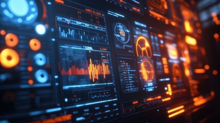 A closeup shot of a control panel displaying realtime data analytics featuring graphs and metrics related to machine performance and efficiency illuminated by soft LED lights in a modern