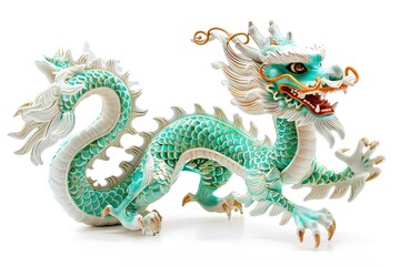 Fototapeta premium Chinese white dragon isolated on white. White traditional Chinese dragon isolated on White background. Chinese new year concept banner dragon dance on the solid background. Chinese emerald dragon.