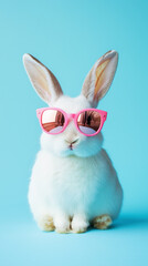 Fototapeta premium Funny cute rabbit, easter bunny wearing trendy sunglasses. Pastel blue background. Beautiful design for easter greeting card, invitation card. Copy space available. Easter theme.