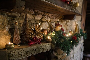 Christmas decor on a stone mantelpiece.