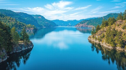 Serene mountain lake nestled between verdant hillsides