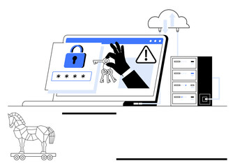 Laptop screen showing hacking attempts with password theft, warning sign, and encrypted data. Trojan horse and server connected to cloud storage highlight risks. Ideal for IT security, cybercrime
