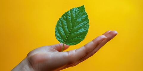 Green leaf held gently in hand against a bright yellow background, symbolizing nature and care