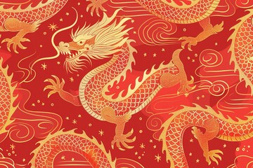 Fototapeta premium Dragon seamless pattern Chinese New Year 2025 gold zodiac sign red background banner. celebration, lunar calendar, tradition, festive, decoration