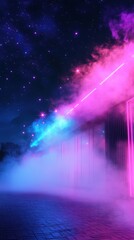 Obraz premium Neon lights illuminate a foggy night scene.