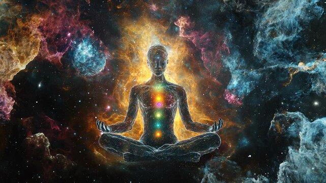 A cosmic figure in a meditative pose, chakras glowing, surrounded by a nebula of vibrant colors and stars. Digital art