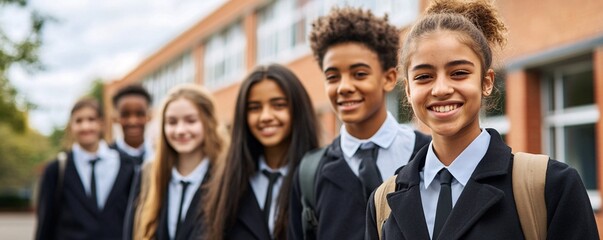 Group of happy multi-ethnic high school students smiling outside of school building