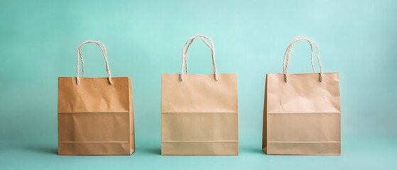 Brown gift bags adorned with decorations set against a pastel background with ample space for text.