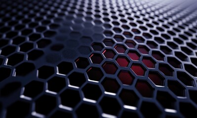 3D render, abstract background with hexagonal patterns and a red light effect
