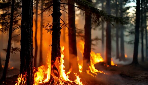 A burning forest with flames burning through the trees