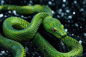 Fototapeta premium green snake on a background of black sequins.