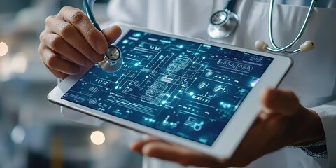 Innovative healthcare professional utilizing advanced technology for patient diagnostics with digital data displayed