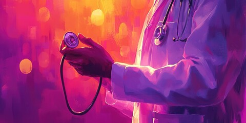 Doctor holding a stethoscope in a vibrant setting during a medical event at dusk