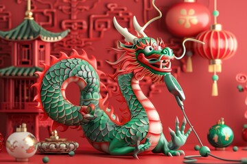 Obraz premium Green Wooden Dragon congratulates by phone on the New Year. A fun asian New Year greeting card, a festive Chinese horoscope zodiac sign dragon, symbol of the 2024 in the Chinese eastern calendar.