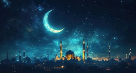 Naklejka premium Serene Nightscape of Mosque Silhouette Under Glowing Crescent Moon with Twinkling Stars in a Mystical Sky Over a City Landscape
