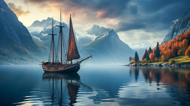 Altes Holzschiff, Wikingerboot in einem Fjord, umgeben von Bergen, Generative AI