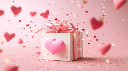 Pastel Pink Valentine's Day Scene Featuring a Stylish Gift Box, Ribbon Bow, and Floating Heart Confetti – Ideal for Love-Themed Designs with Copy Space
