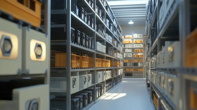 A detailed image of a storage area filled with modular shelving units showing flexible storage solutions for parts and finished products that can be reorganized as demands change.