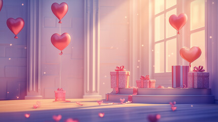 Heartfelt image of gifts and balloons in a soft pink scheme with copy space for Valentine's Day in a beautifully lit interior