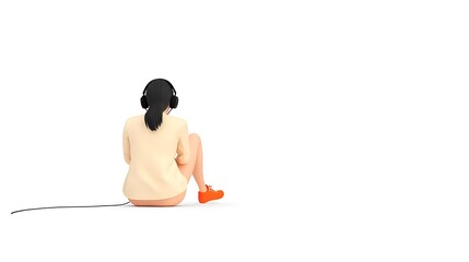 girl with headphones sitting on the floor isolated on white background