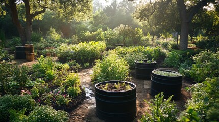 Obraz premium A peaceful garden with rainwater collection systems and native plants, promoting sustainability in home gardening 