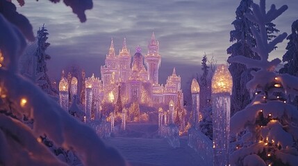 A mystical winter wonderland with ice castles and snow-covered trees, twinkling lights and magical creatures, enchanting atmosphere 