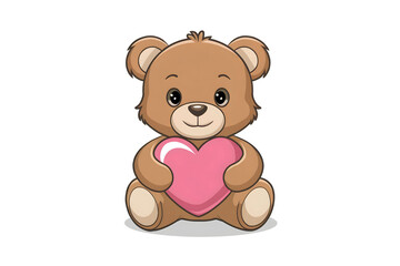Naklejka premium Adorable Cartoon Teddy Bear with Soft Brown Fur Holding a Pink Heart on a White Background
