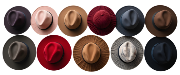 Collection set of hats and caps isolated on transparent or white background, png