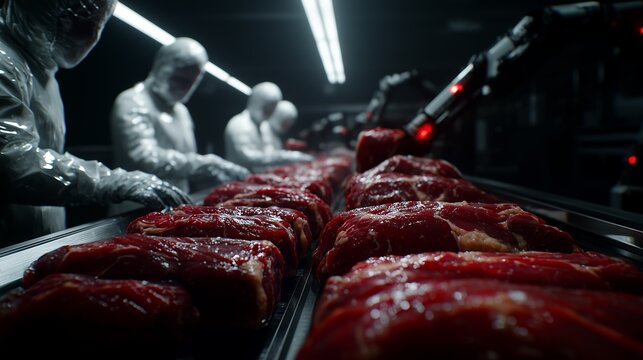 Workers in protective suits process meat on a conveyor belt in a high-tech industrial facility under bright lights.