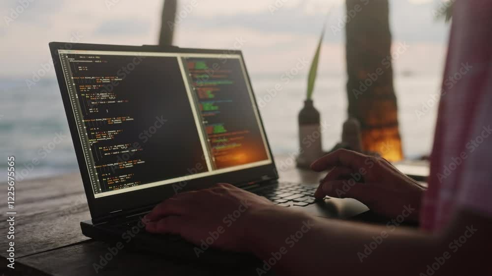 Wall mural web developer types on laptop at beach cafe with sunset over ocean. male software coder creates code